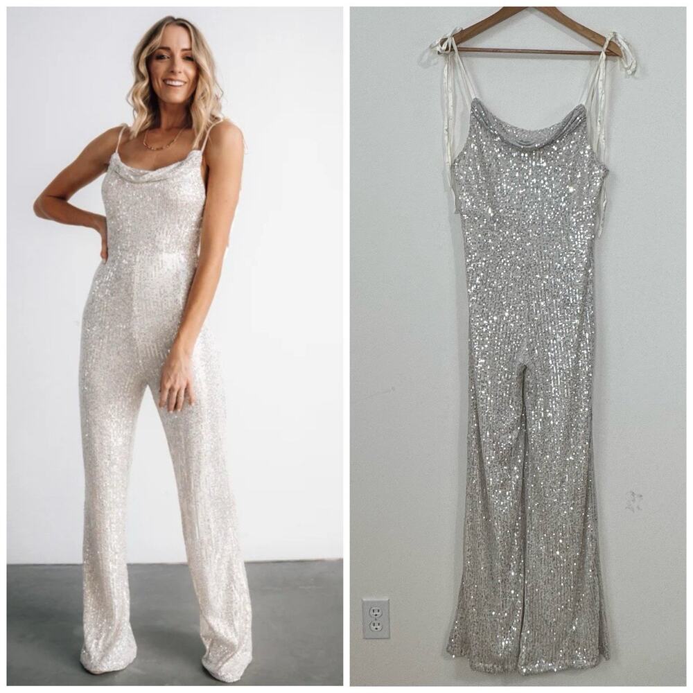 NWT Baltic Born Willett Sequin Jumpsuit Size L Cream Lined Straight Leg